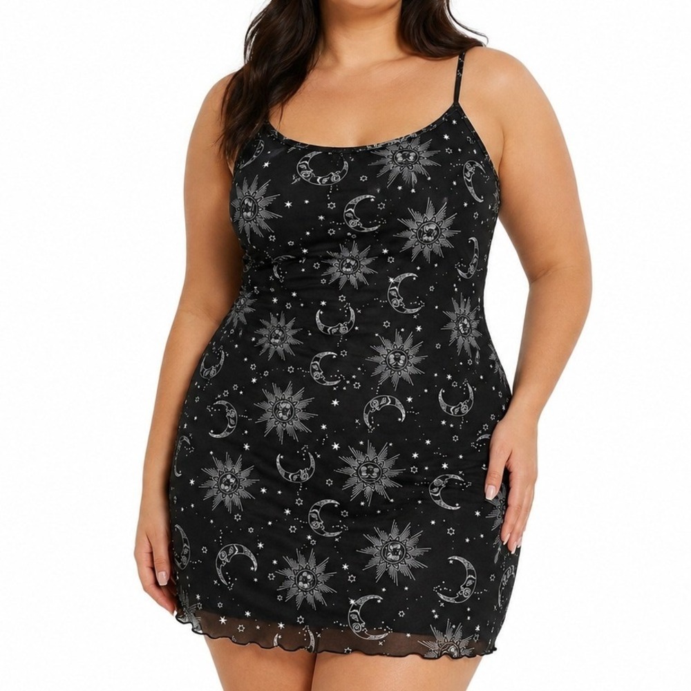 SHEIN Curve Celestial Mini Dress Women 1XL Black Sun Moon Mesh Festival Witchy